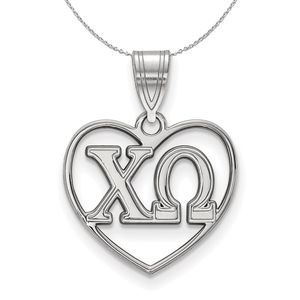 Sterling Silver Chi Omega Heart Greek Necklace - 16 Inch